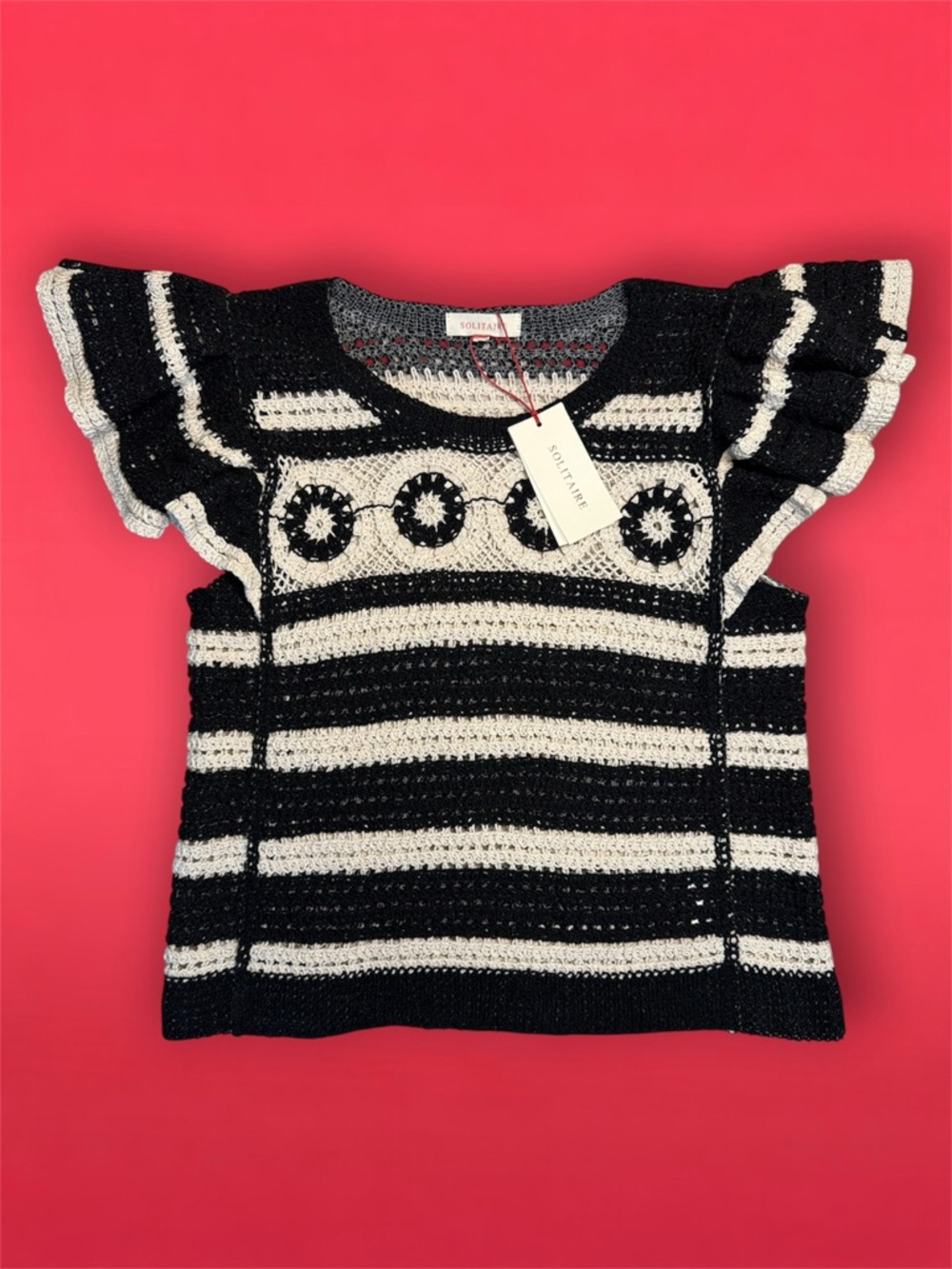 NWT Crochet Solitaire Black and Off White Stripe Flutter Sleeve Top sz M